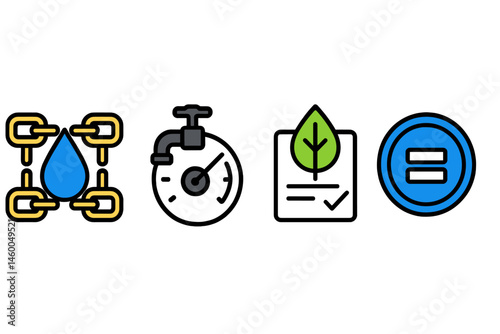Water-finance icons linking drop, gauge, leaf, and coin