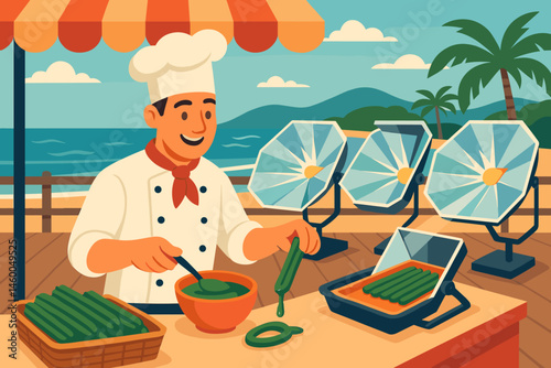 Flat green-dessert scene with churro spirals, solar glass, and sea breeze