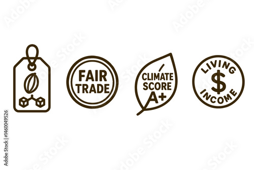 Cocoa-trace icons merging tag, stamp, leaf, and coin