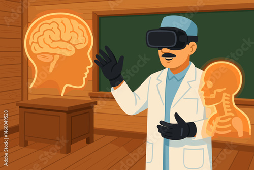 Flat med-tech scene with VR skeleton, gloves, and wood beams