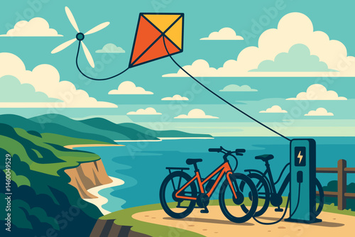 Flat adventure-tech scene with kite cable, charging rack, and sea cliffs