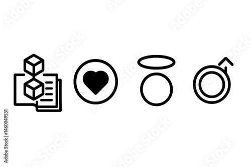 Impact-finance icons linking ledger, coin, halo, and arrow