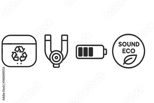 Earbud-eco icons merging case, clip, bar, and badge