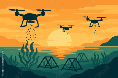 Flat blue-carbon scene with drones, kelp cloud, and orange sea horizon