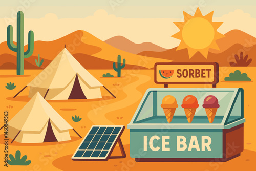 Flat cool-tech scene with mirror array, sorbet cups, and dune tents