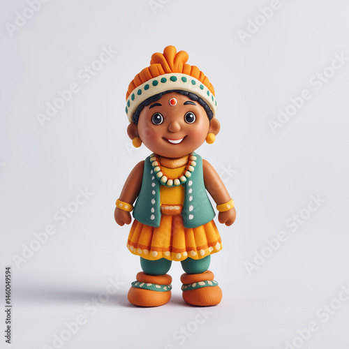Smiling clay Indian child in traditional costume on white background