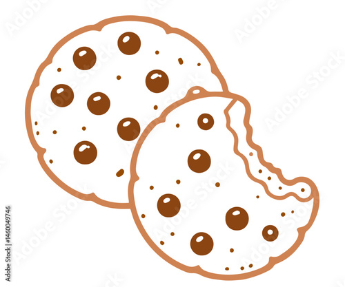 Two Chocolate Chip Cookies with One Partially Eaten, Sweet Baked Treats, Dessert Snack, Homemade Pastry, Sugar Cravings, 