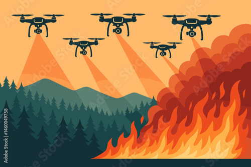 Flat fire-tech scene with drone swarm, IR grid, and smoky ridges
