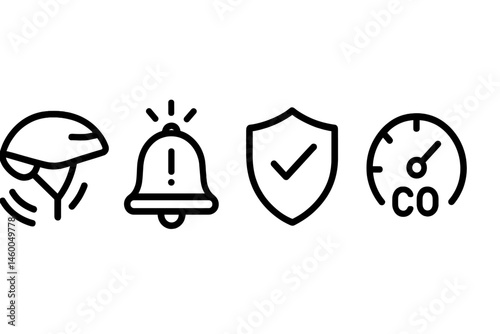 Bike-safety icons linking beam, bell, shield, and meter