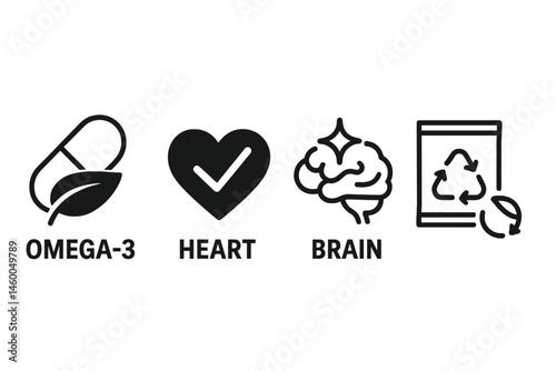 Algae-omega icons showing capsule, tick, star, and loop