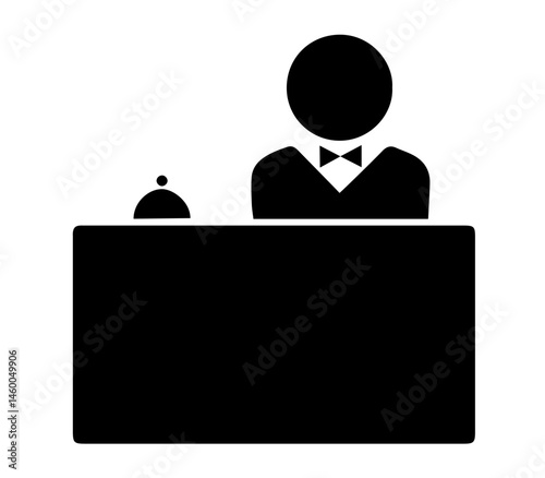 Person Behind Reception Desk with Service Bell, Front Desk Registration, Hotel Check-In, Customer Service, Concierge Assistance, Hospitality Industry