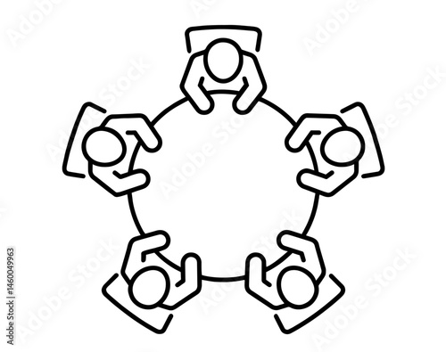 Top view of five people sitting around round table in negotiation meeting 

