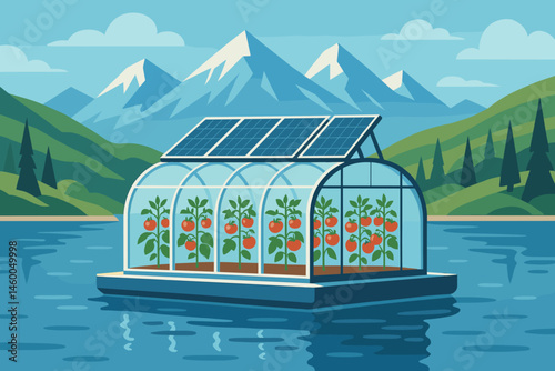Flat ag-tech scene with PV rafts, tomato vines, and snowy peaks