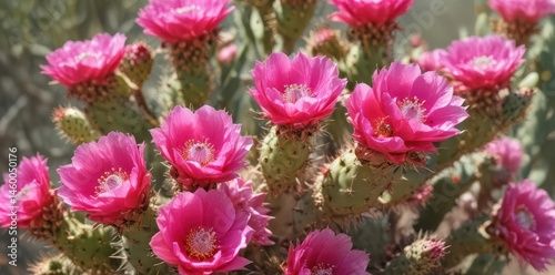 A vibrant prickly pear cactus blooms bright pink flowers in summer sun , environment, flower, summer bloom