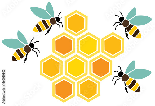 Bees Flying Around Honeycomb Cells, Beekeeping, Pollination, Honey Production