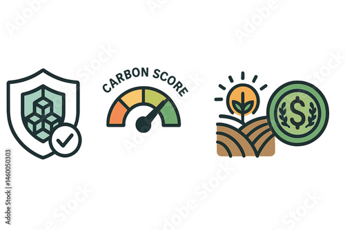 Impact-finance icons linking shield, dial, farm, and coin