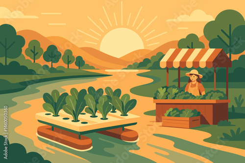 Flat ag-tech scene with hydroponic towers, sunrise reflection, and market stalls