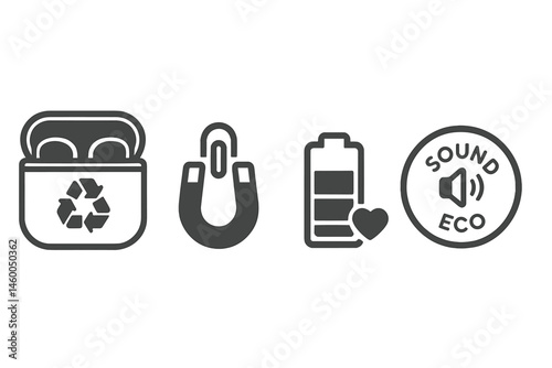 Earbud-eco icons linking case, clip, bar, and badge