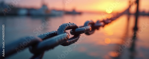 Wet chain at sunset. Harbor background with water drops. Industrial strong metal link. Dusk, orange sky. Concept of strength, connection, security, industry. Marine, nautical, sea, ocean.