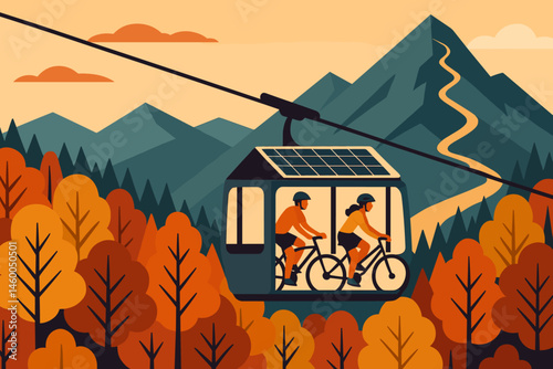 Flat eco-transport scene with PV cabins, bikes, and orange canopy