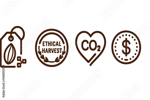 Cocoa-trace icons linking tag, stamp, leaf, and coin