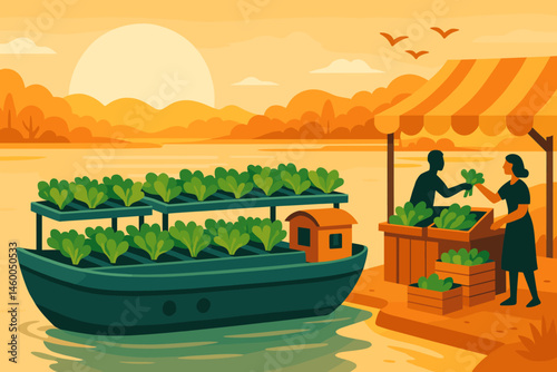 Flat ag-tech scene with barge towers, green rafts, and glowing water