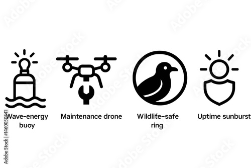 Buoy-tech icons linking lamp, wrench, ring, and badge