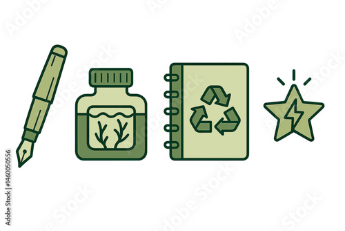 Writer-eco icons showing pen, vial, notebook, and star