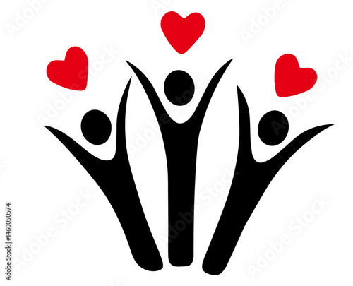 human figures raising arms with red hearts above heads. care, community support, teamwork, happiness, social unity, charity, family, friendship, and emotional connection