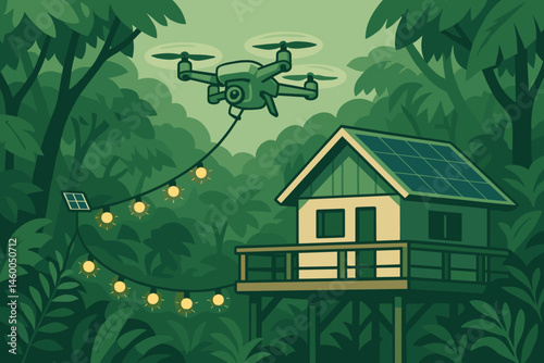 Flat canopy-tech scene with drone reels, solar lights, and treetop huts