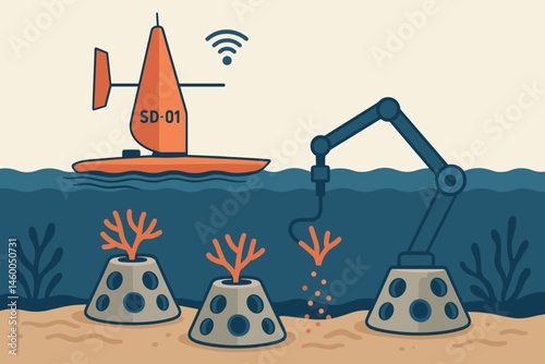 Flat reef-restoration scene with drone, coral seed pods, and printed blocks