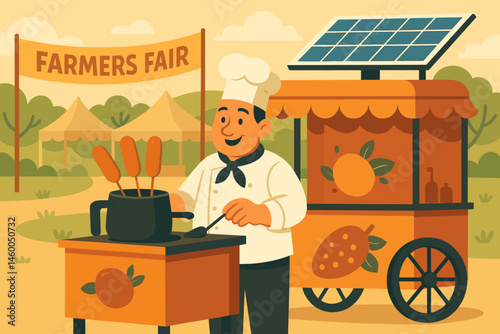 Flat street-food scene with lentil corndogs, solar roof wagon, and fair banners