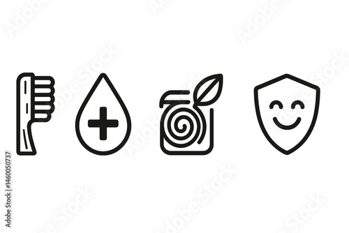 Dental-eco icons showing brush head, tablet, floss, and badge