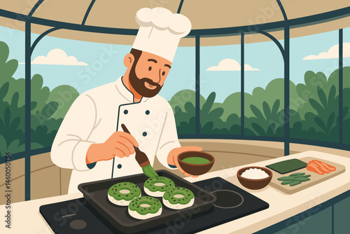 Flat plant-seafood scene with donut sushi rings, induction cooktop, and pavilion beams