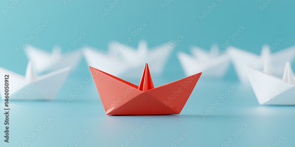 Naklejka premium Bold red paper boat leads the way, guiding a fleet of white ships on a serene blue voyage, embodying leadership and direction, inspiring confidence.