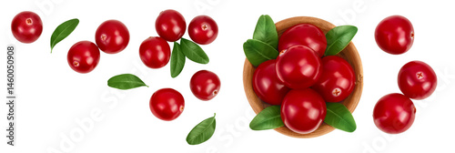 Cranberry with leaves isolated on white background with  full depth of field. Top view with copy space for your text. Flat lay