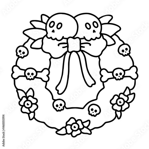 Spooky Halloween wreath decorated with cartoon skulls, bones, flowers, and a big bow — black and white coloring page for kids