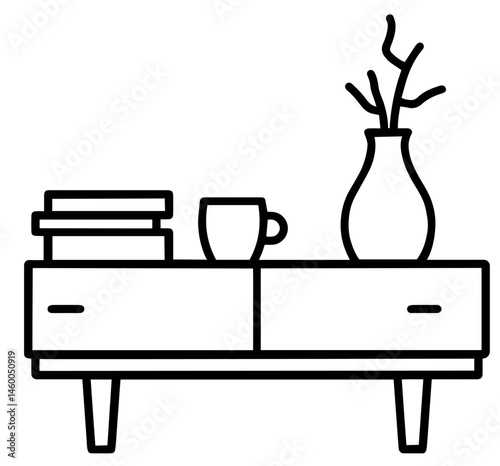 Living Room Cabinet with Two Drawers and Legs, Featuring a Stack of Books, a Mug, and a Vase with Branches, Cozy Interior Decor, Home Organization