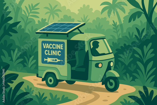Flat health-logistics scene with PV panels, medical fridge, and lush path