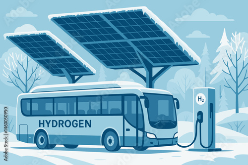 Flat clean-transit scene with H₂ buses, icy PV roofs, and breath clouds