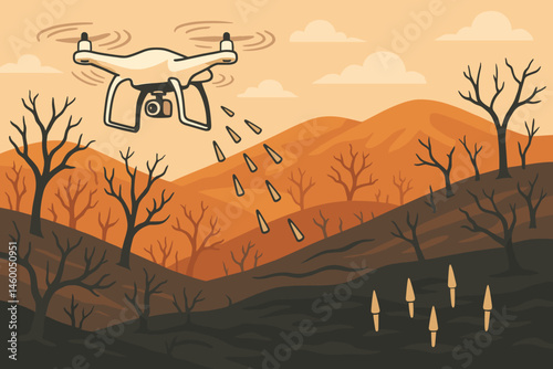 Flat reforest-tech scene with drone tubes, seed darts, and char soil
