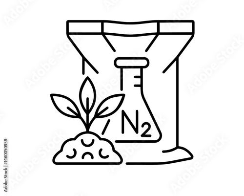 Nitrogen Fertilizer Bag with Laboratory Flask Labeled "N2" and Growing Plant, Agricultural Nutrition, Soil Enrichment, Plant Growth, Chemical Fertilizer Use in Farming