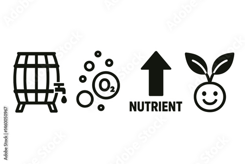 Garden-tea icons merging barrel, bubbles, arrow, and smile