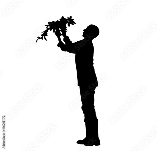 Silhouette of male gardener holding potted plant upward. farming, outdoor gardening scene