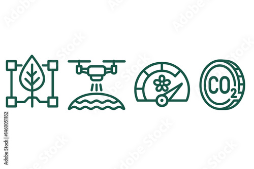 Forest-token icons linking leaf, wave, dial, and coin