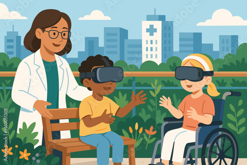 Flat health-tech scene with VR headsets, garden planters, and smiling kids