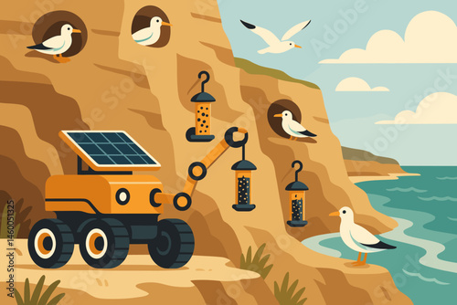Flat wildlife-aid scene with rover arm, seed pods, and sea-spray cliffs