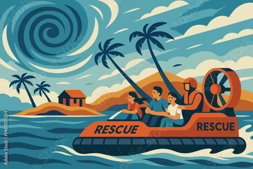 Flat disaster-aid scene with hovercraft spray, H₂ logo, and storm clouds