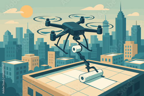 Flat climate-action scene with drone roller, bright roofs, and city skyline