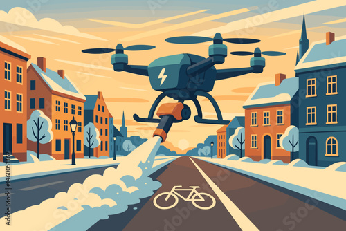 Flat winter-mobility scene with drone plow, bike symbols, and pastel sky